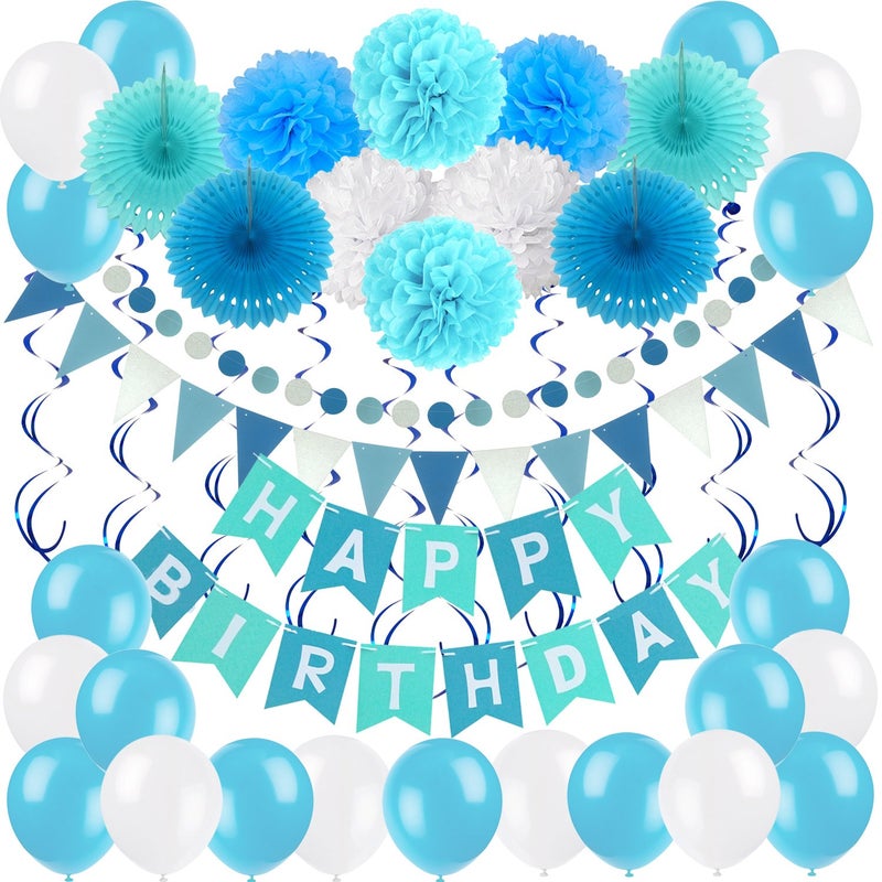 ZERODECO Birthday Decoration Set - Happy Birthday Banner with Fans, Pom Poms, Swirls and Balloons - Blue, Sky Blue and White - Image 1